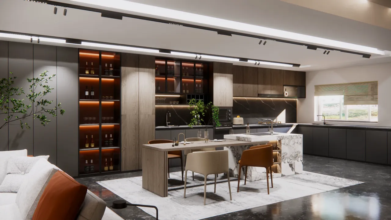 Open-plan modular kitchen with a marble island, dining table and living area