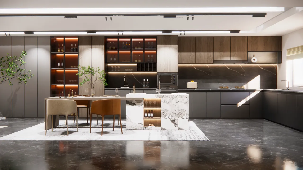 Open-plan modular kitchen with a marble island and dining table