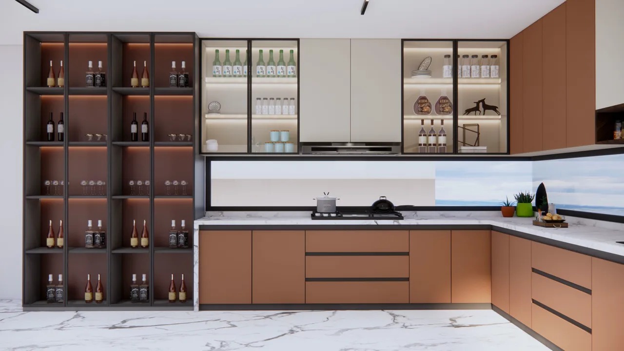 L-shaped modular kitchen with copper-finish cabinets by INIKO Hyderabad