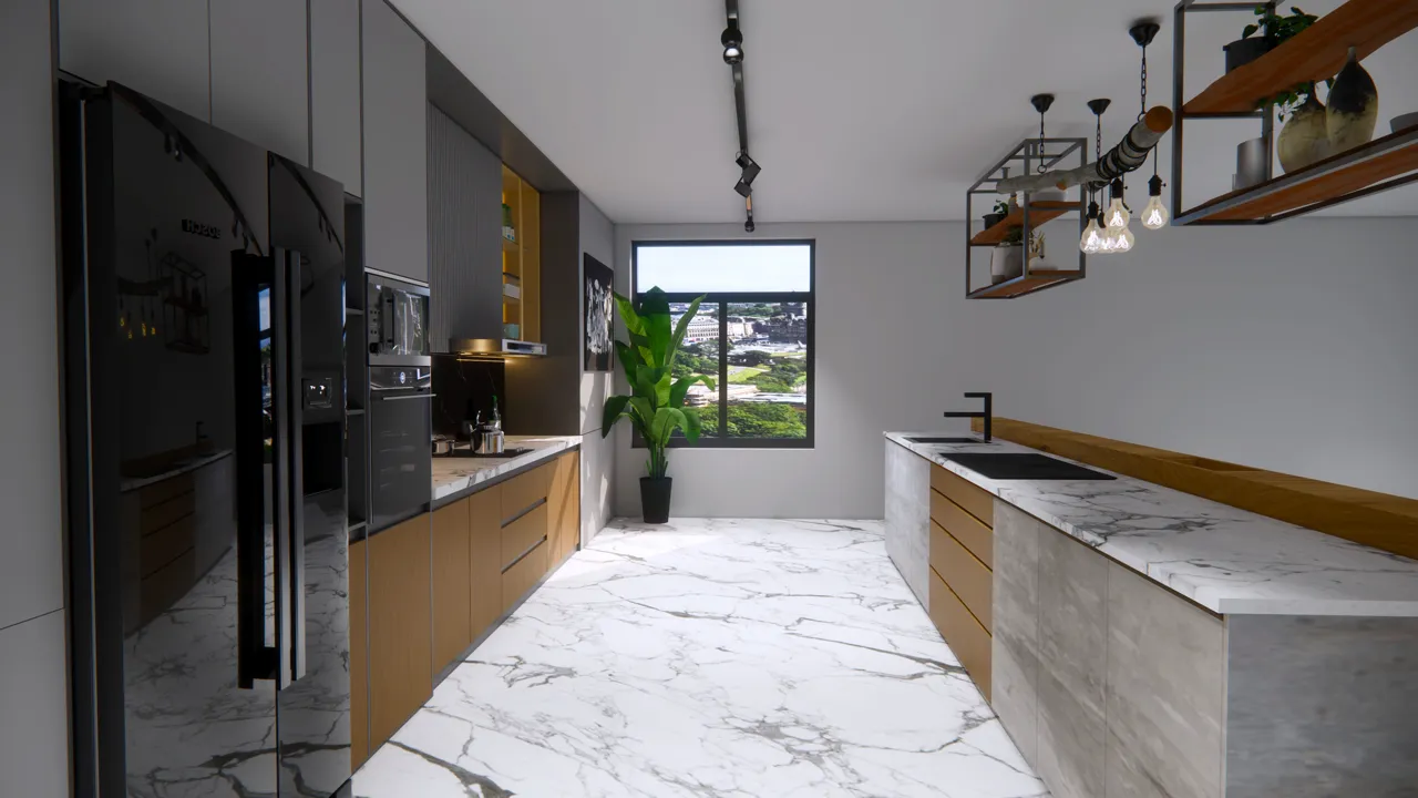 Parallel modular kitchen with a tall appliance run facing a long marble counter