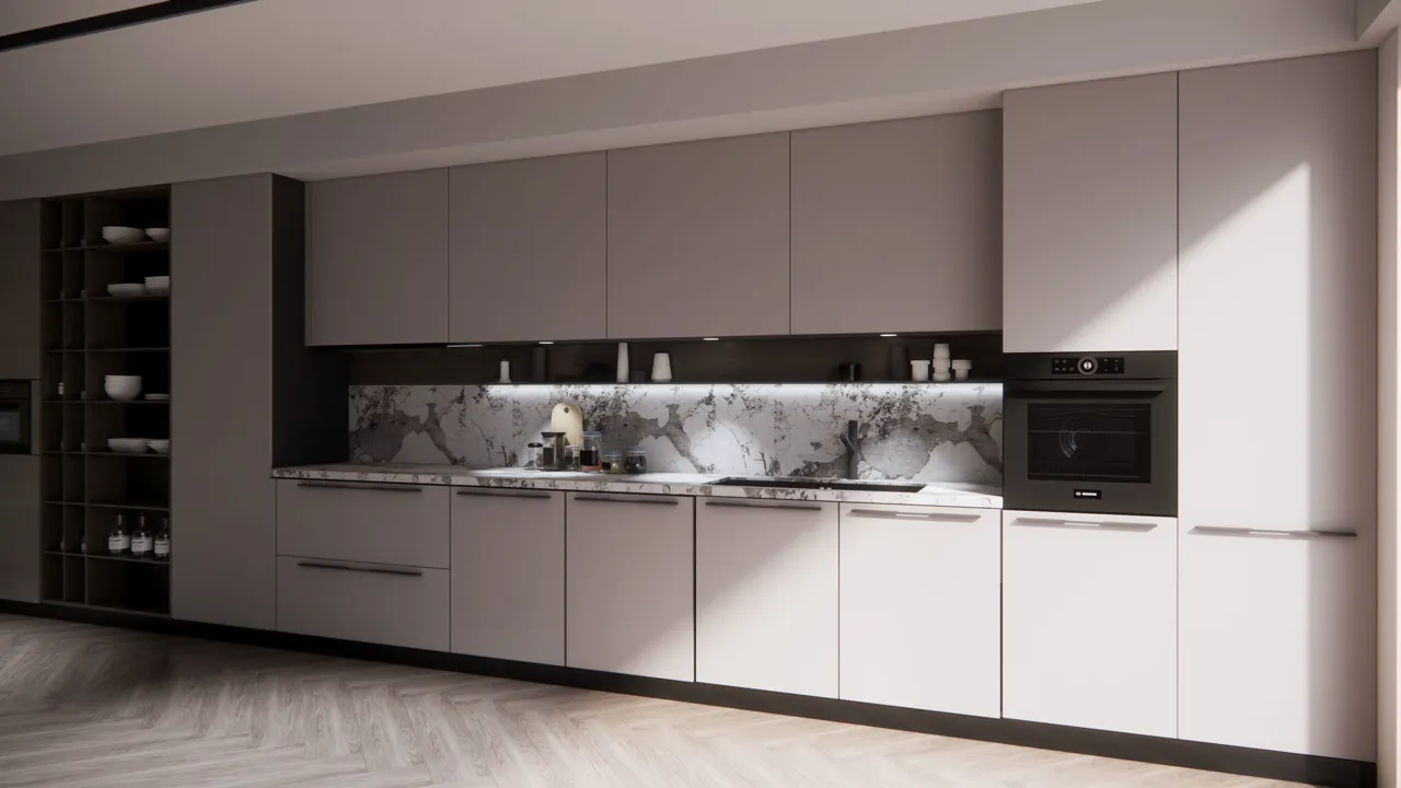 Straight modular kitchen along one wall, with tall units and a marble backsplash