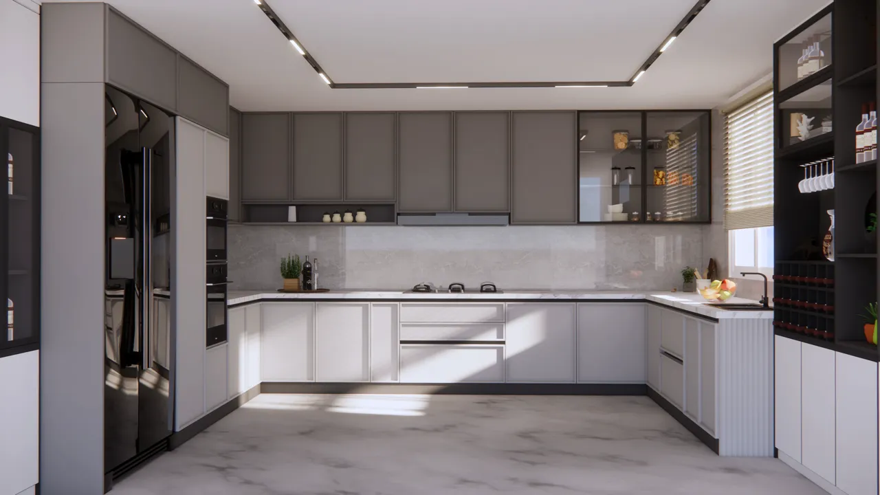 U-shaped modular kitchen with quartz countertop and tall units – INIKO